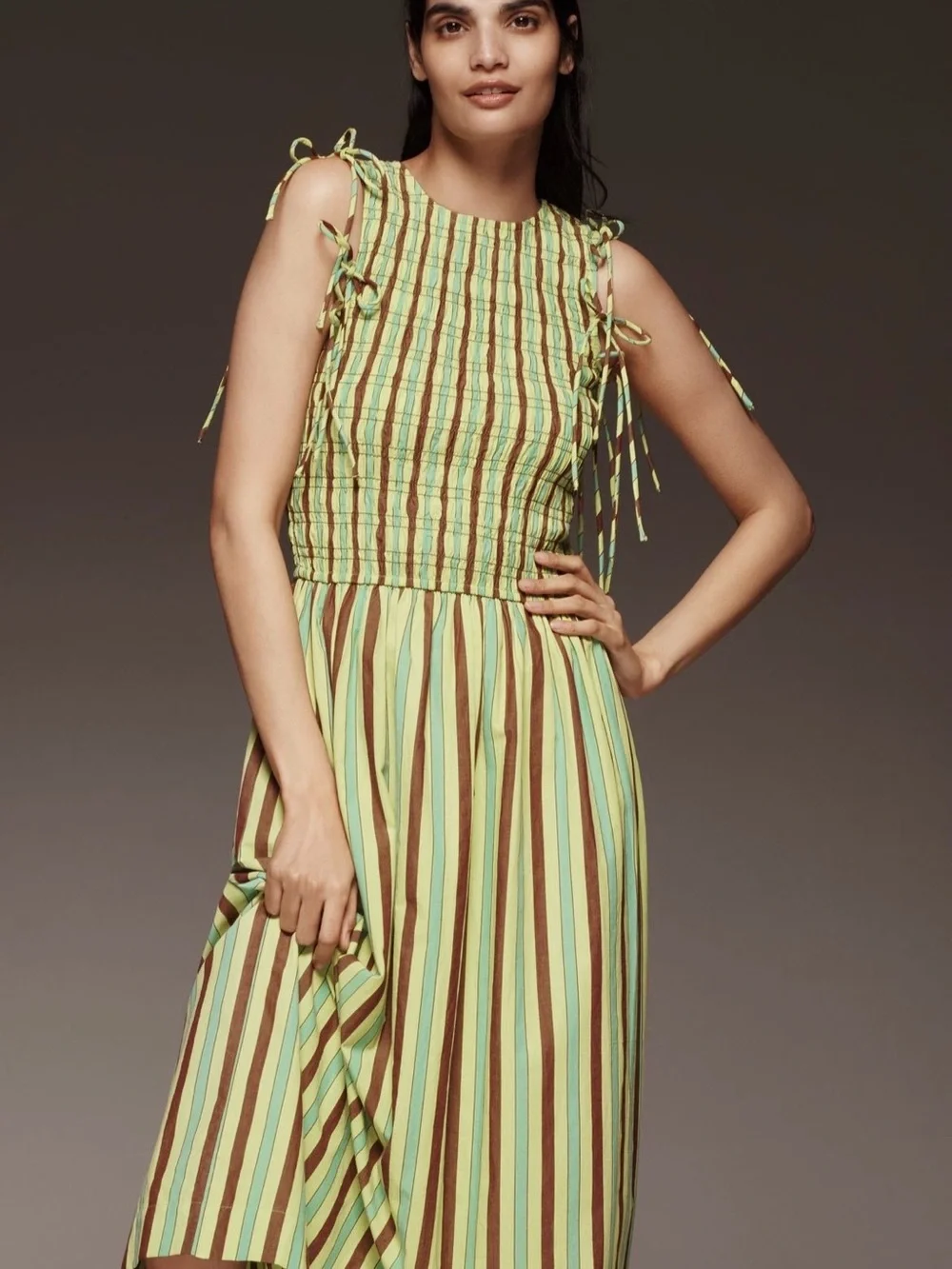 Striped Puff-Sleeve Midi Dress in Green - Picture 3 of 4